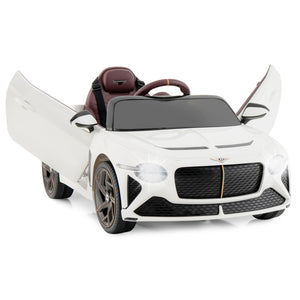 A white toy convertible ride-on car styled like a luxury sports car, featuring butterfly-style open doors, dark gray mesh grille, black wheels, and a dark brown interior seat.