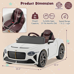 Children's toy car with dimensions and safety certification logos on a beige background