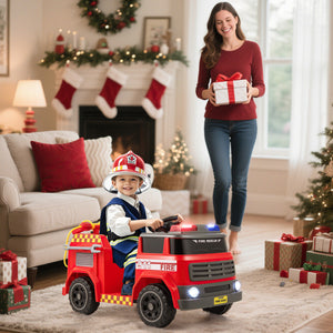 Child playing with a toy fire truck in a festive living room with a woman holding a gift.