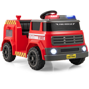 Red toy fire truck with lights and a visible brand logo on a white background
