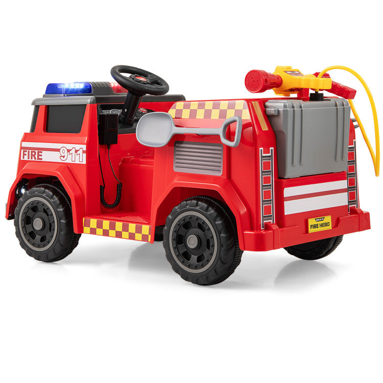 Red toy fire truck with emergency lights on a white background
