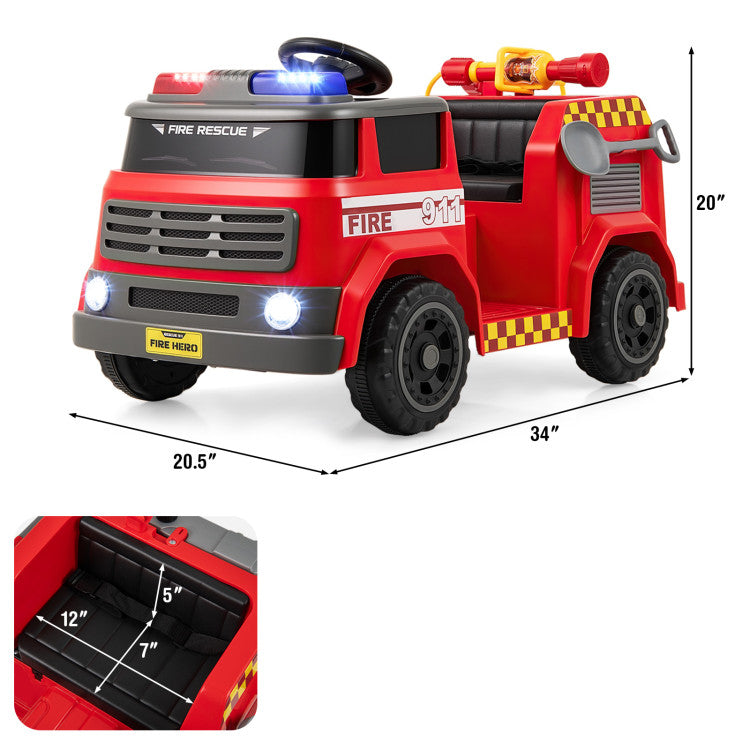 Red toy fire truck with dimensions on a white background