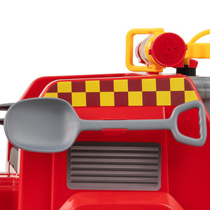 Close-up of a red toy fire truck with a gray shovel in the front and a yellow-and-red checkered stripe on the side, photographed on a white background.