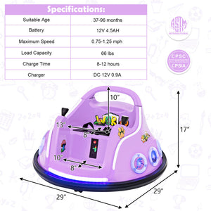 Purple toy car with specifications on a white background