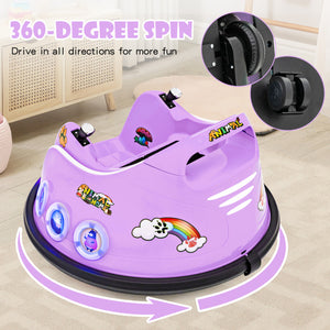 Purple children's bumper car with cartoon designs on a wooden floor.