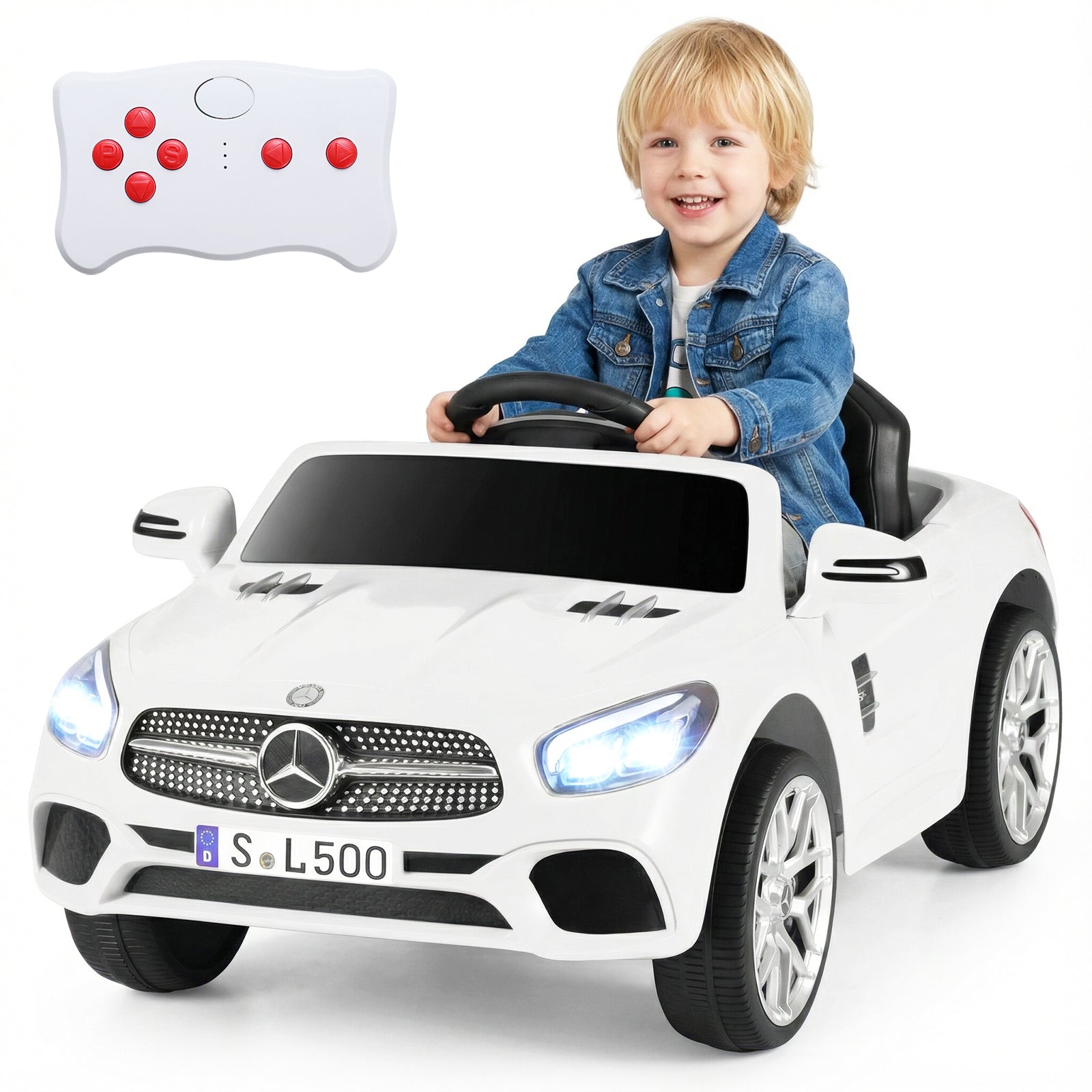 Child playing with a white toy car and remote control on a white background