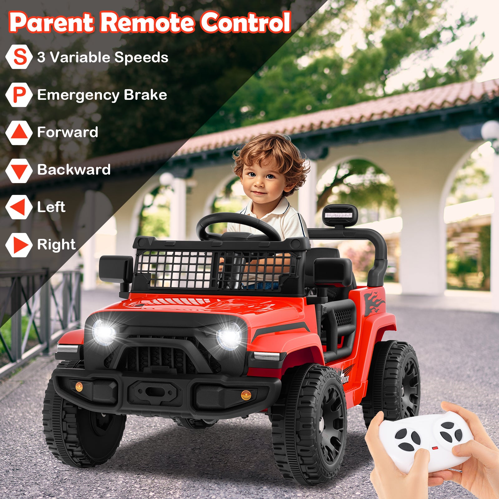 Child playing with a red toy truck outdoors, holding a remote control.