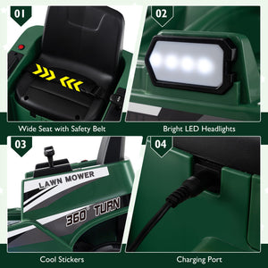 Collage of features of a lawn mower including wide seat, LED headlights, cool stickers, and charging port.