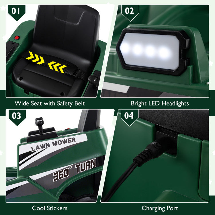 Collage of features of a lawn mower including wide seat, LED headlights, cool stickers, and charging port.