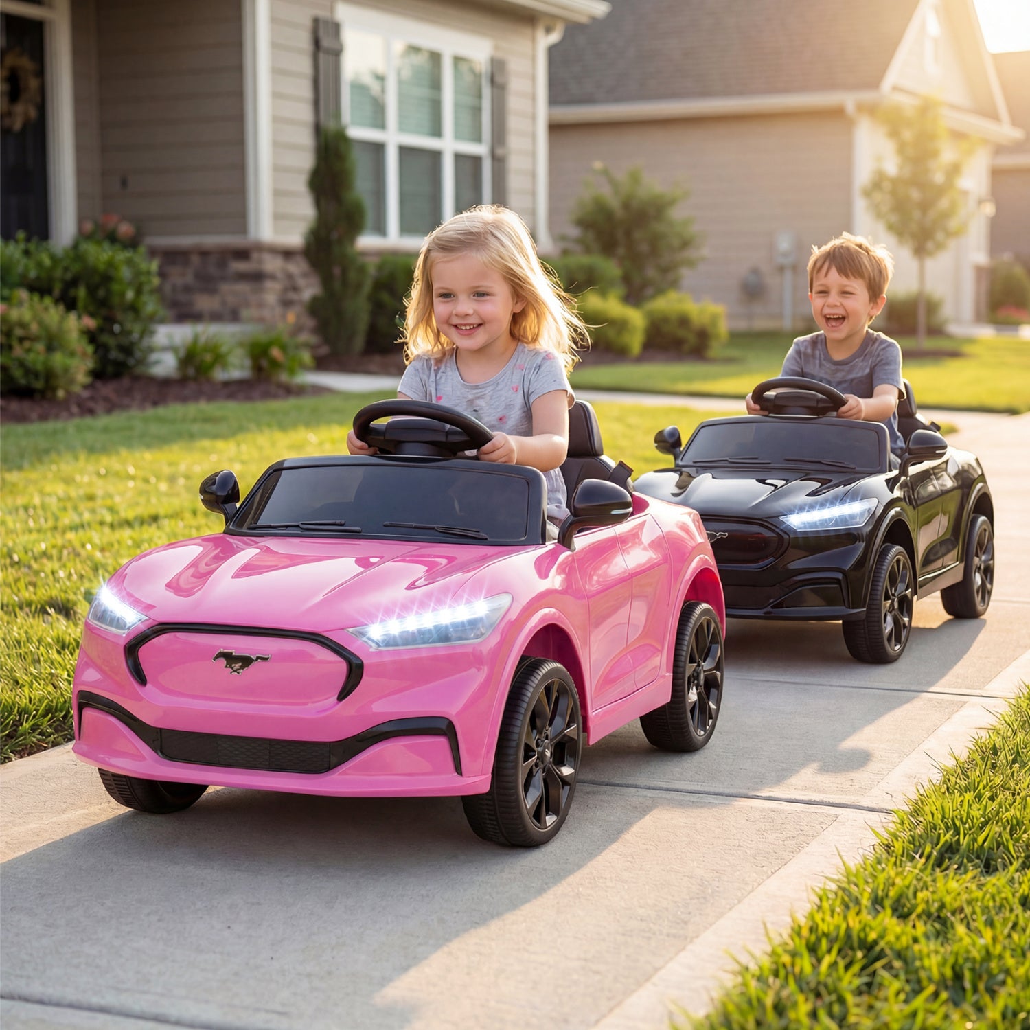 Two children playing with toy cars on a driveway in front of a house.