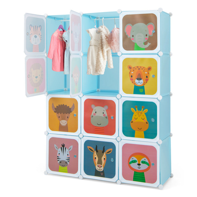 12-Cube Kids Wardrobe Closet with Hanging Rod & Doors – Storage Shelve Organizer