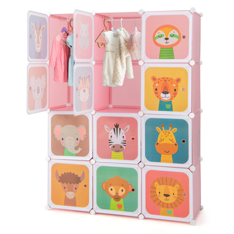 12-Cube Kids Wardrobe Closet with Hanging Rod & Doors – Storage Shelve Organizer