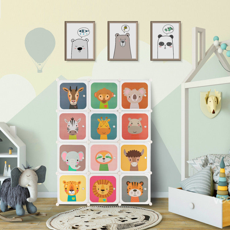 12-Cube Kids Wardrobe Closet with Hanging Rod & Doors – Storage Shelve Organizer