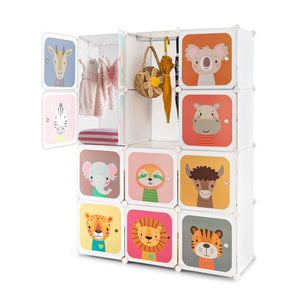 12-Cube Kids Wardrobe Closet with Hanging Rod & Doors – Storage Shelve Organizer