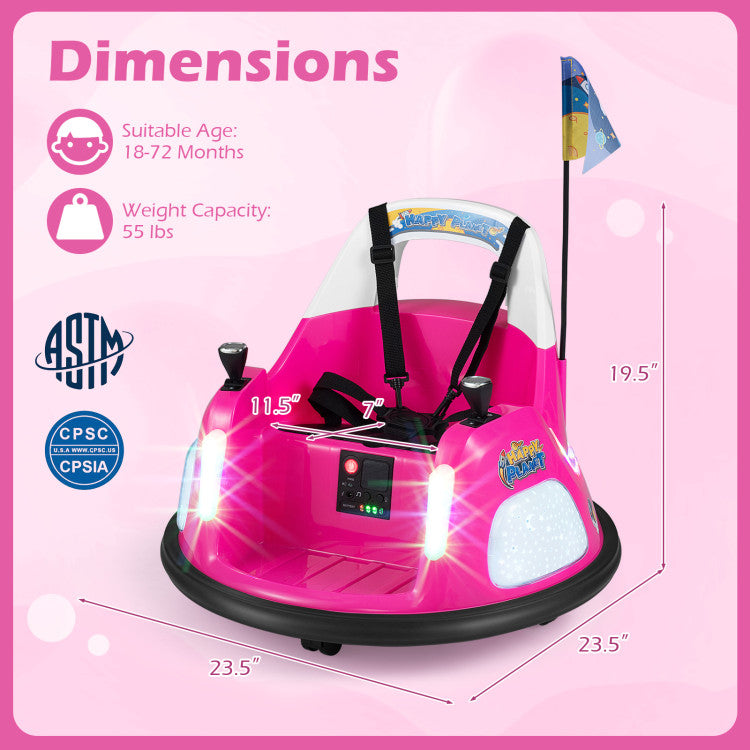 Pink children's bumper car with dimensions and safety certifications on a pink background