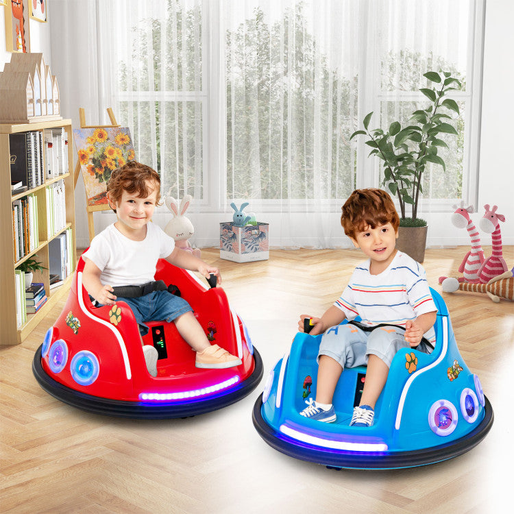 Two children playing with red and blue bumper cars in a room with a bookshelf and plants.