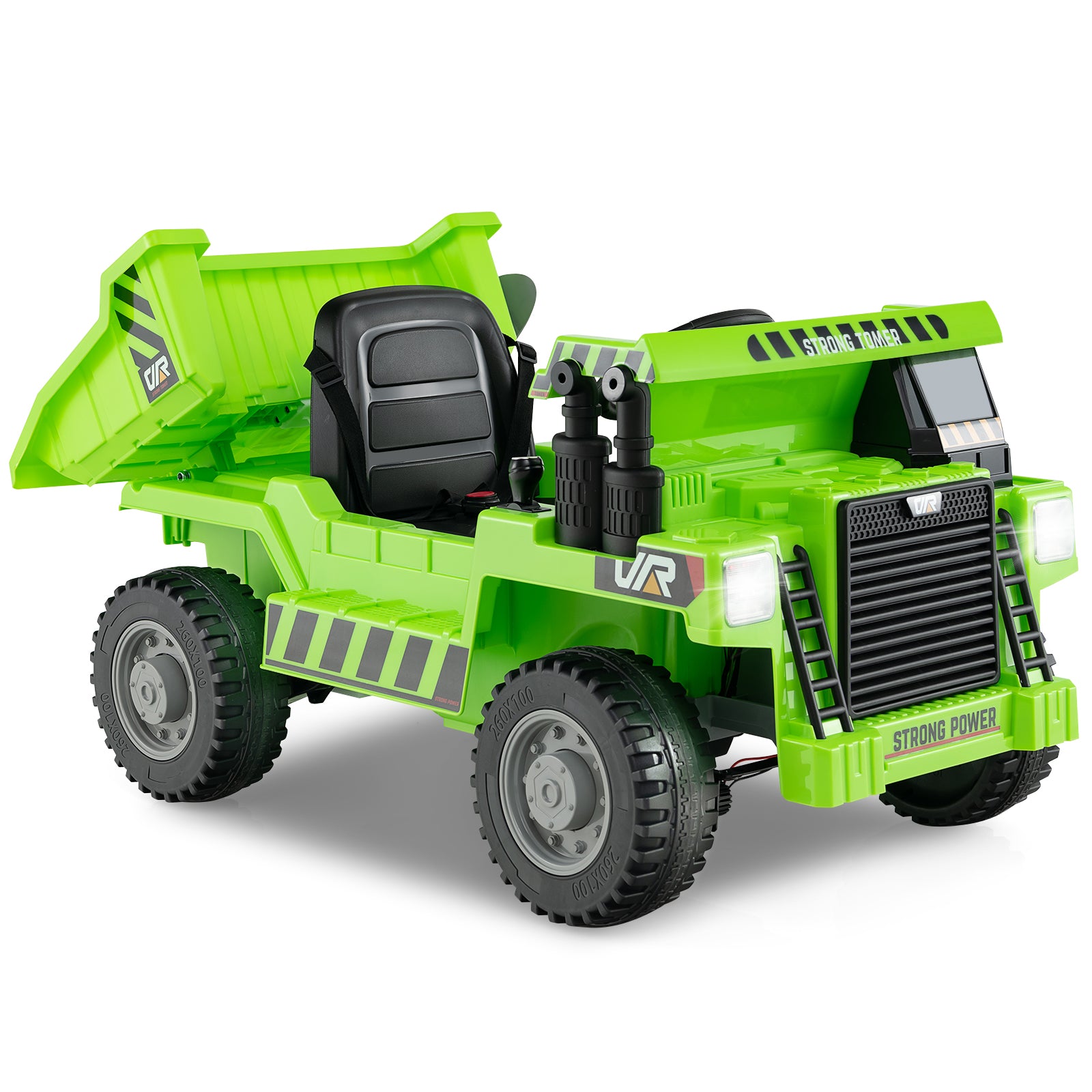 Green toy dump truck with black details on a white background