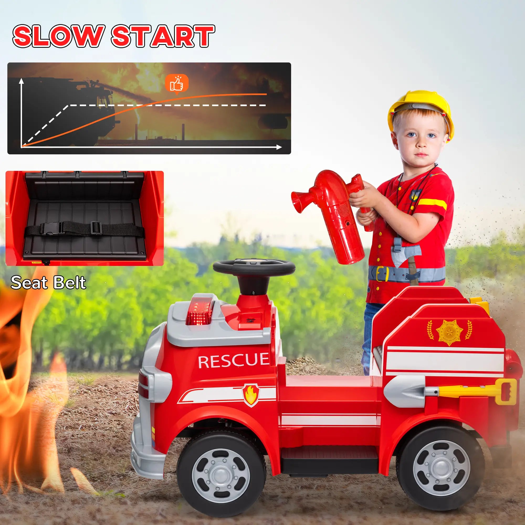 12V fire truck with soft start technology and dual 12V motors for smooth rides