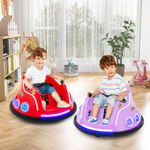 Two children riding small lighted bumper cars in a bright indoor playroom. One car is red with blue accents and the other is purple with blue accents, both with glowing LED underglow.