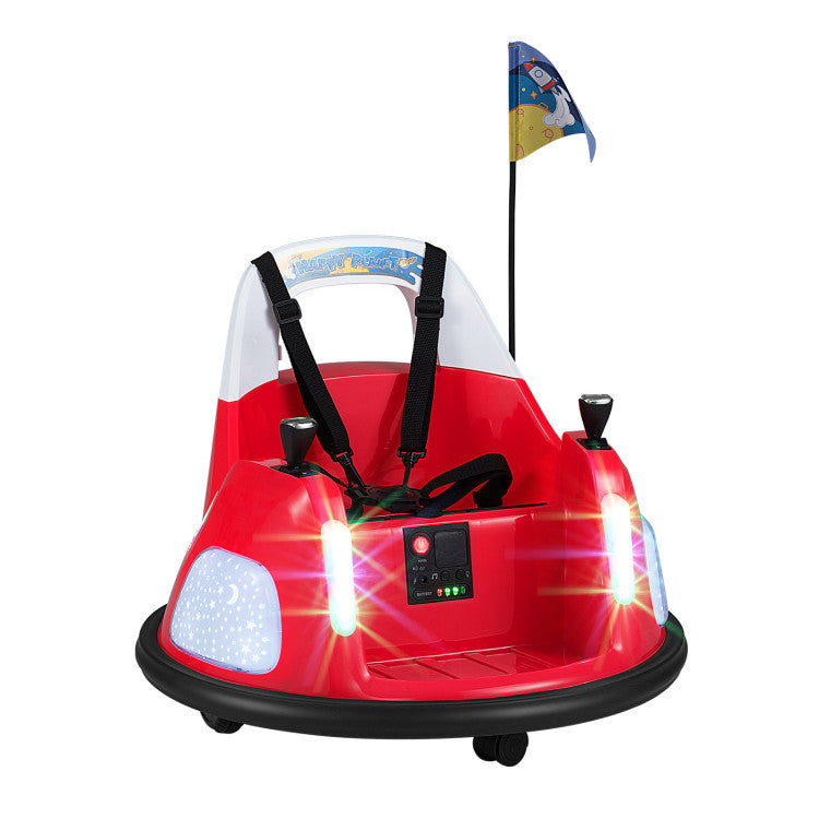 Red toy car with lights and a flag on a white background