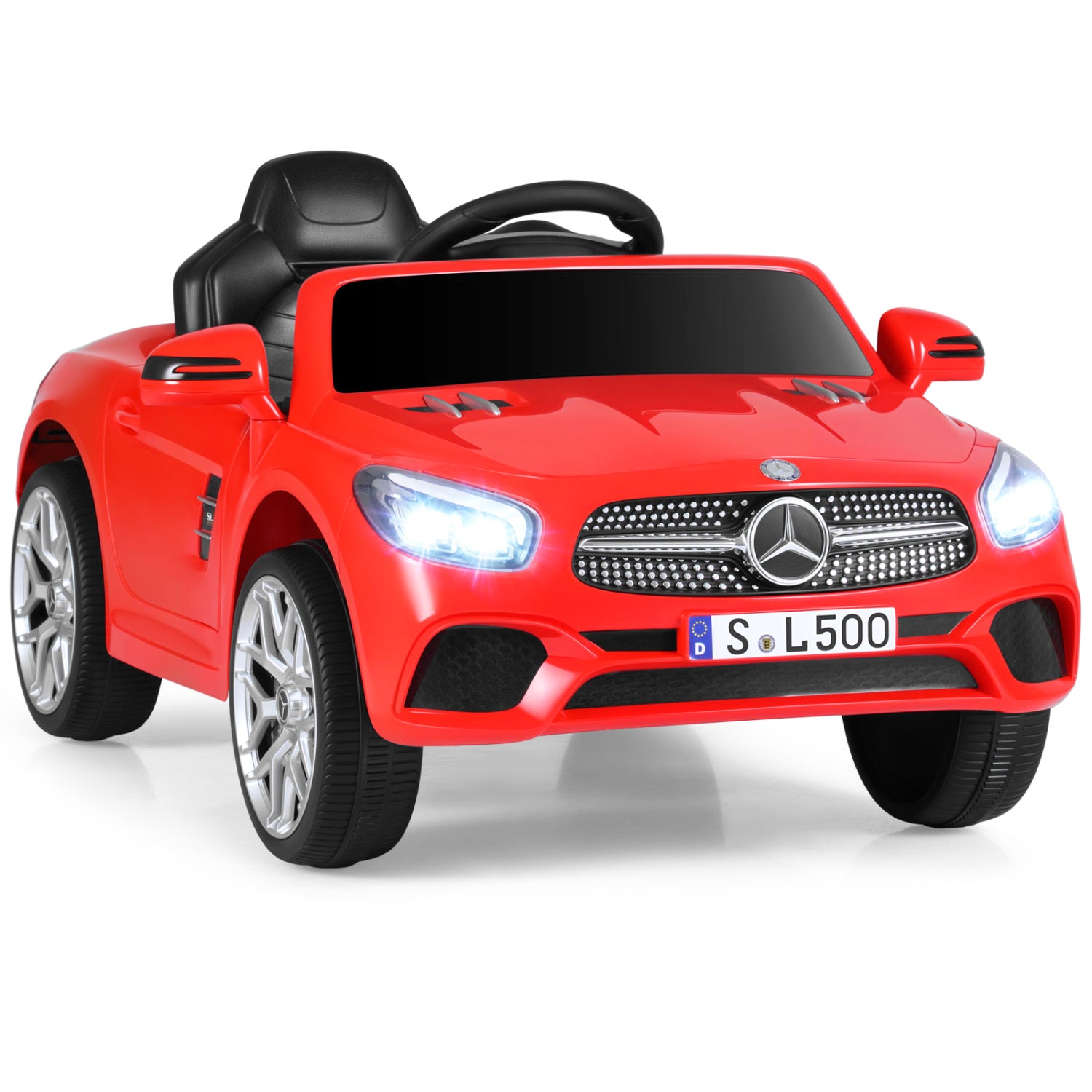 Red toy car with Mercedes-Benz logo on a white background