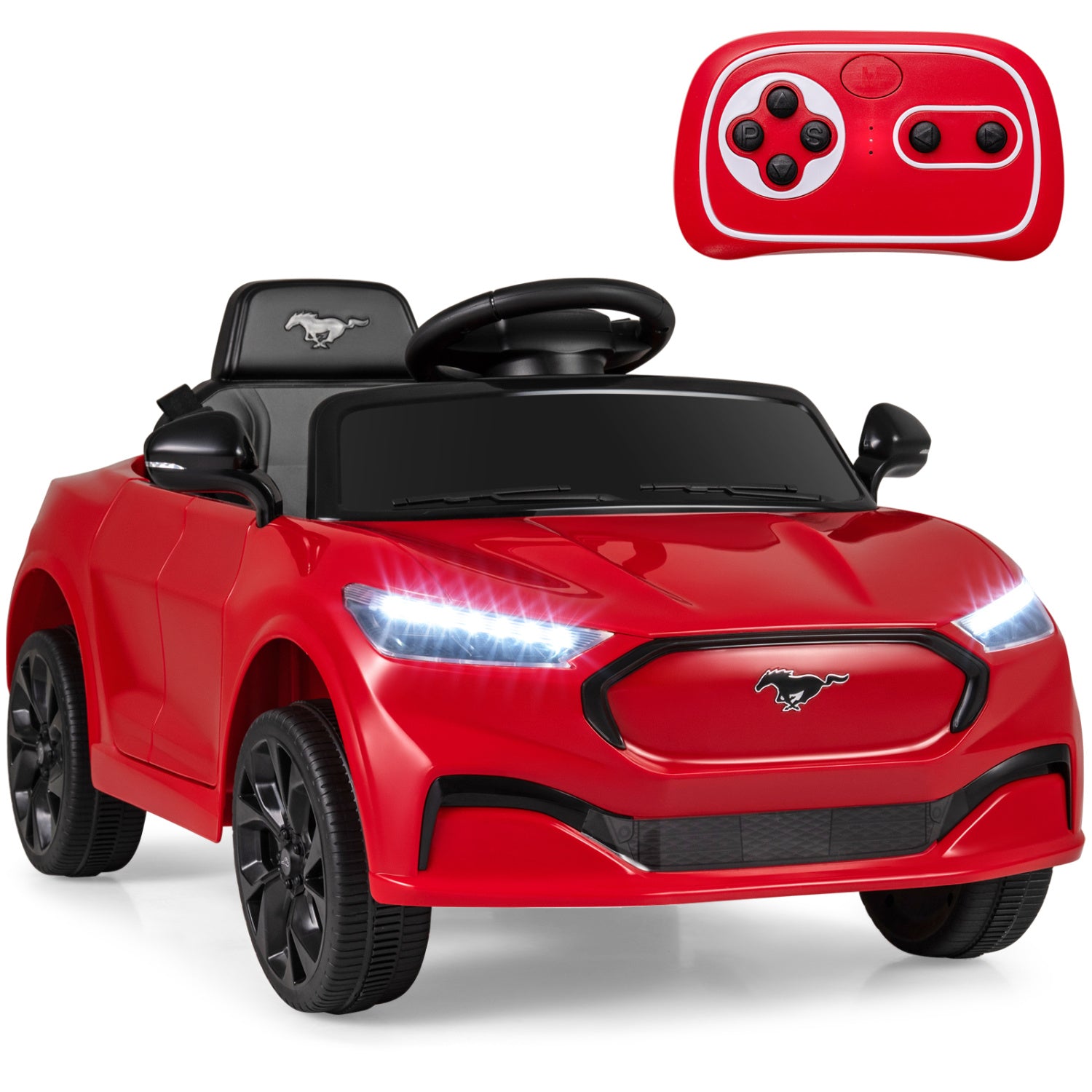 Red toy car with black interior and a remote control on a white background
