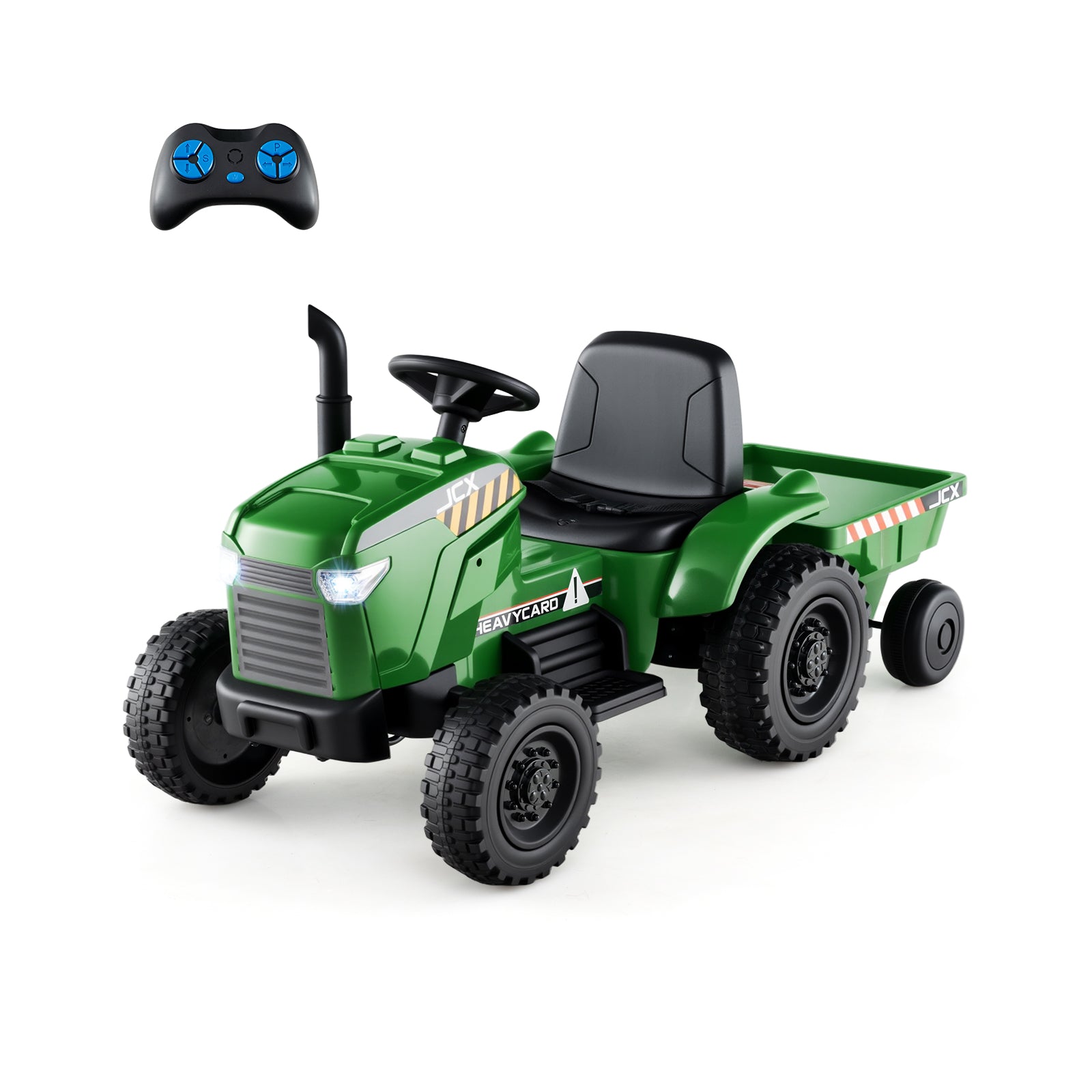Green toy tractor with black seat and remote control on a white background