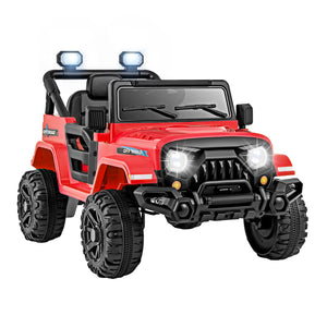 Red toy jeep with black wheels on a white background