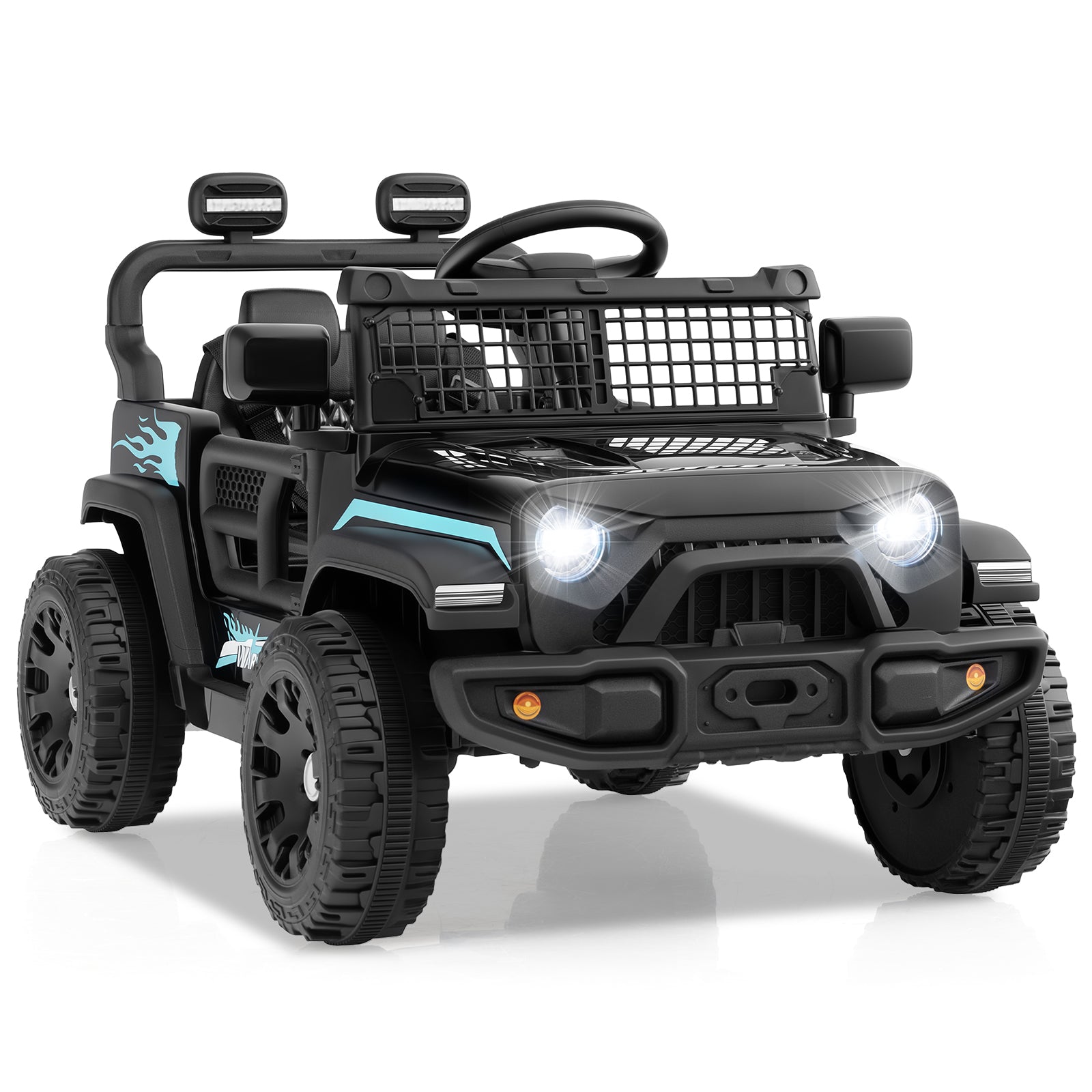 Black toy SUV with blue accents on a white background