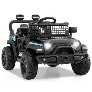 Black toy SUV with blue accents on a white background