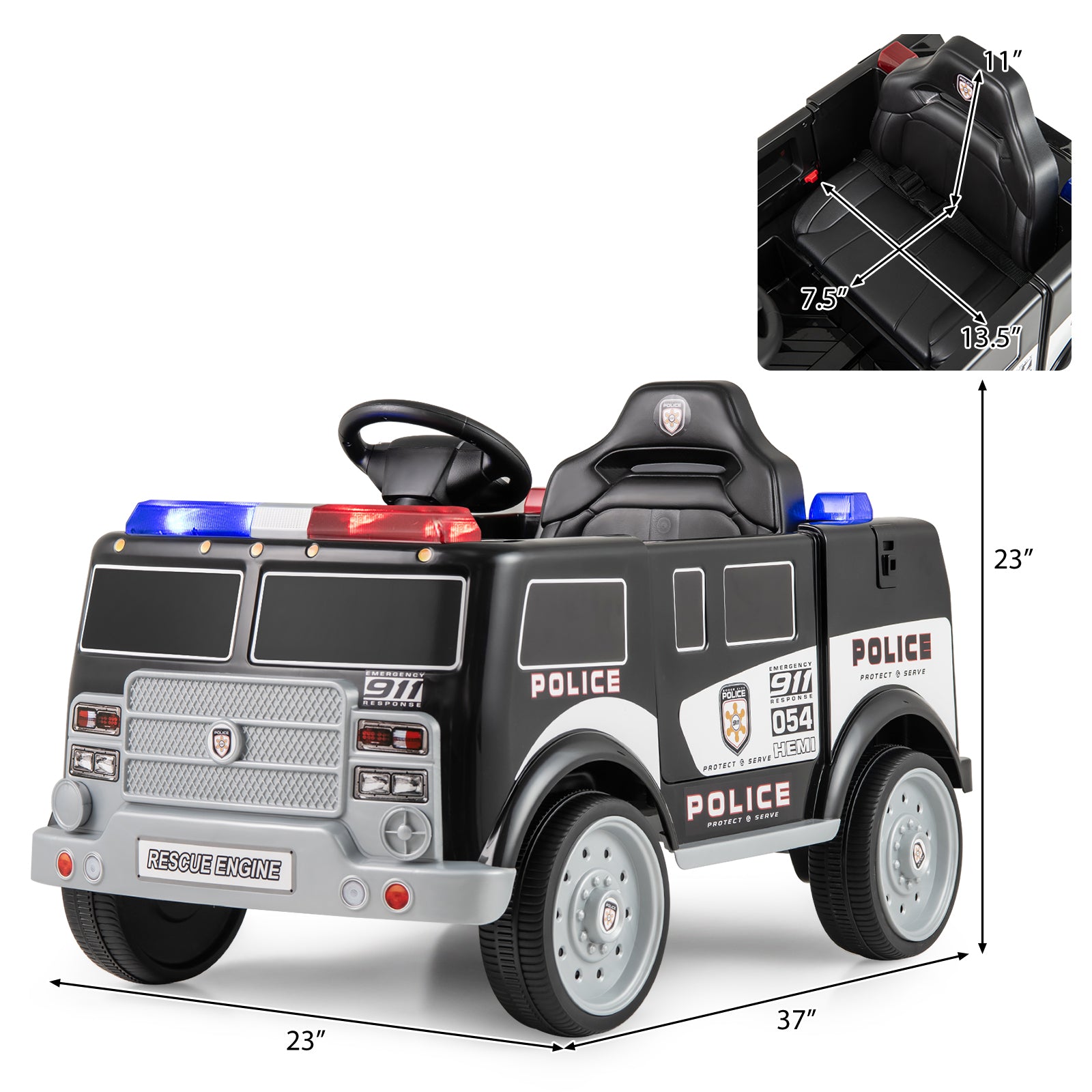 Children's toy police car with dimensions and inset showing interior.
