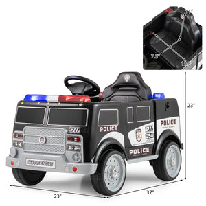 Children's toy police car with dimensions and inset showing interior.
