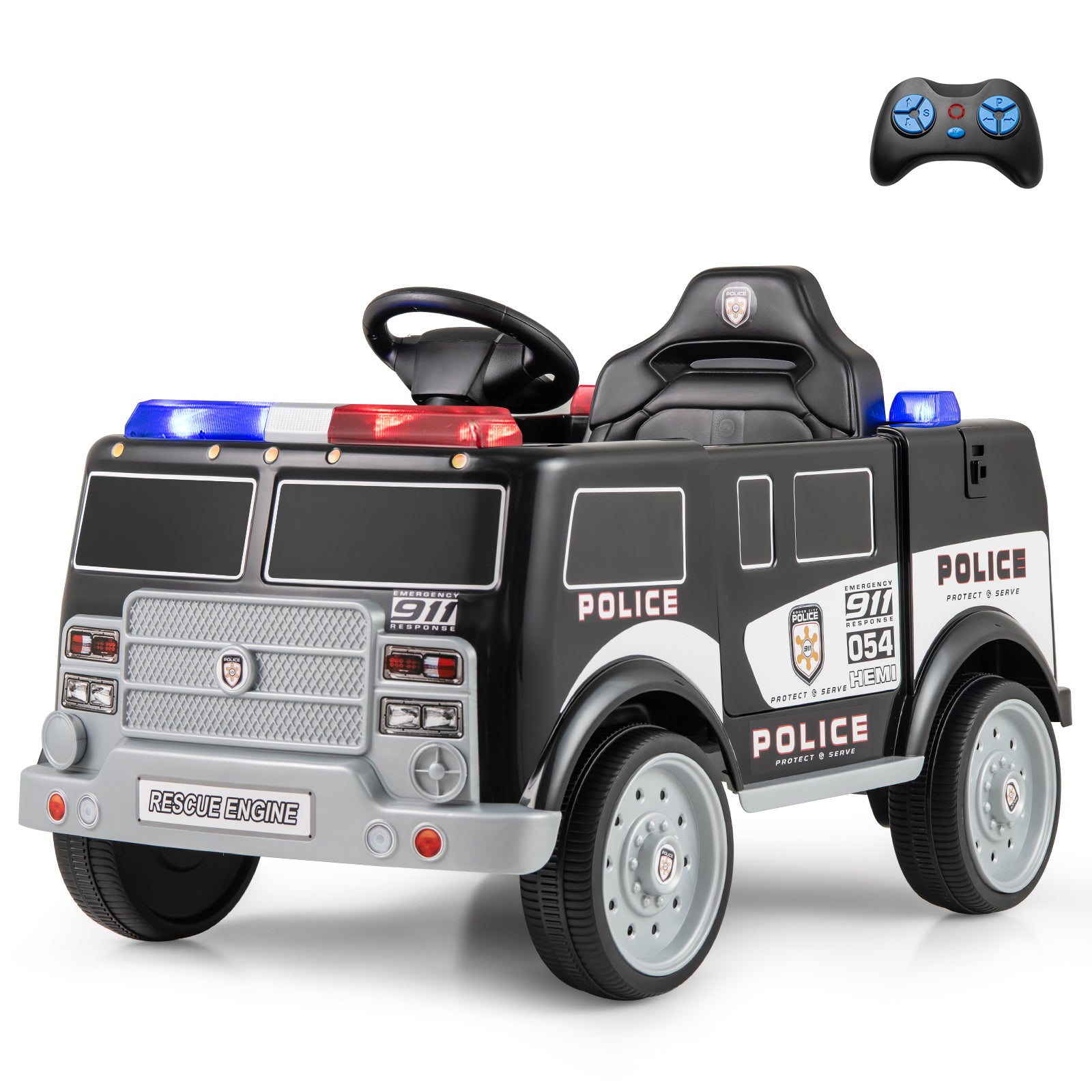 Children's toy police truck with remote control on a white background