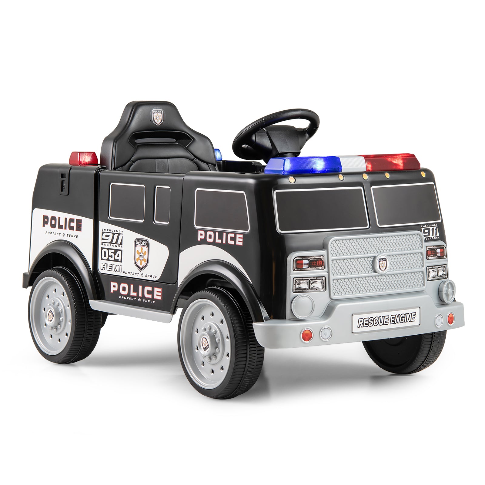 Children's toy police car with lights and sirens on a white background