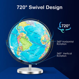 13-Inch LED Illuminated World Globe with 720° Rotating Map and Light-Up Display