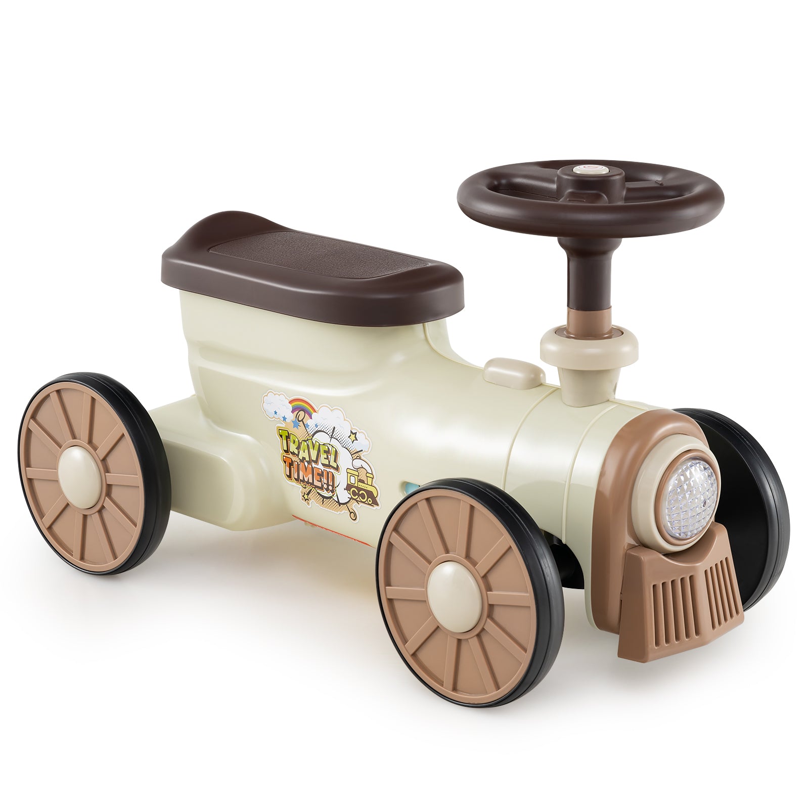 Toy train with beige body and brown accents on a white background