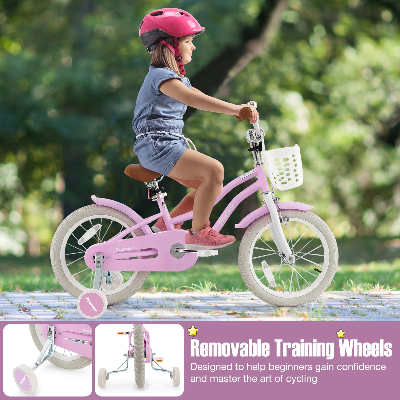 Child riding a pink bicycle with training wheels in a park