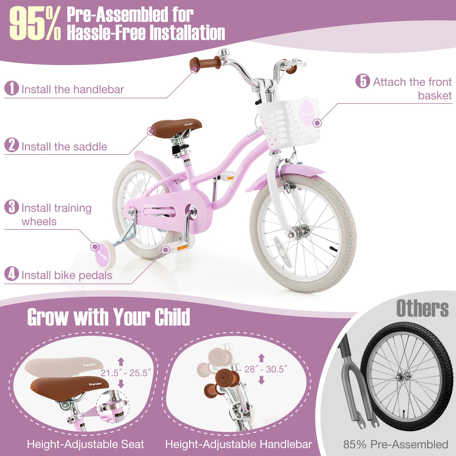 Pink children's bicycle with assembly instructions on a white background