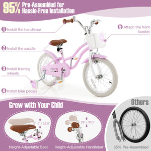 Pink children's bicycle with assembly instructions on a white background