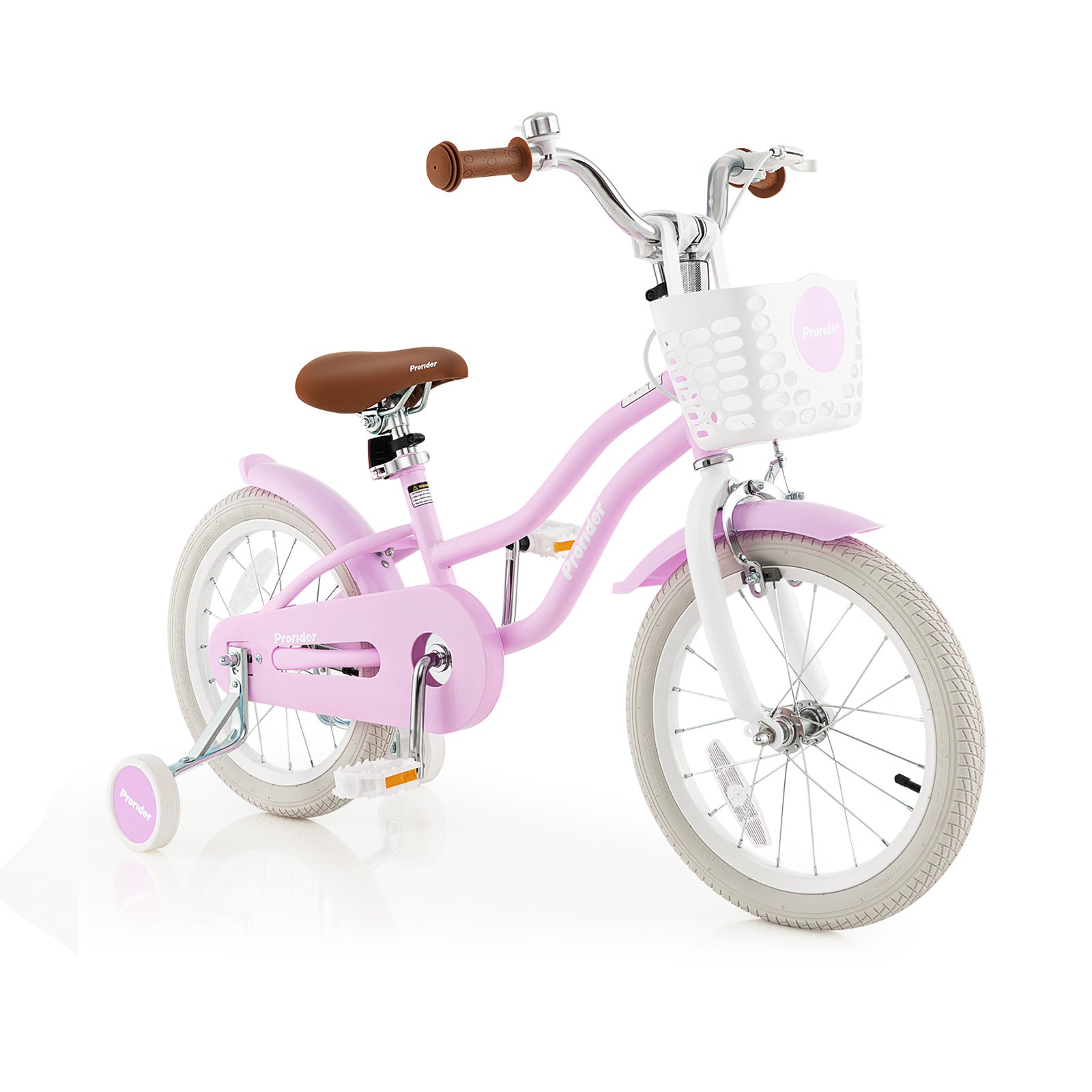 Pink children's bicycle with a white basket on a white background