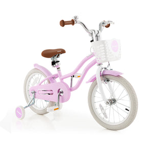 Pink children's bicycle with a white basket on a white background