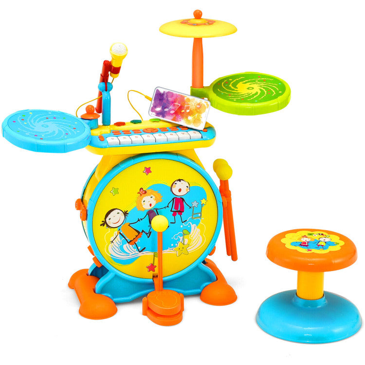 2-In-1 Kids Electronic Drum and Keyboard Set with Stool