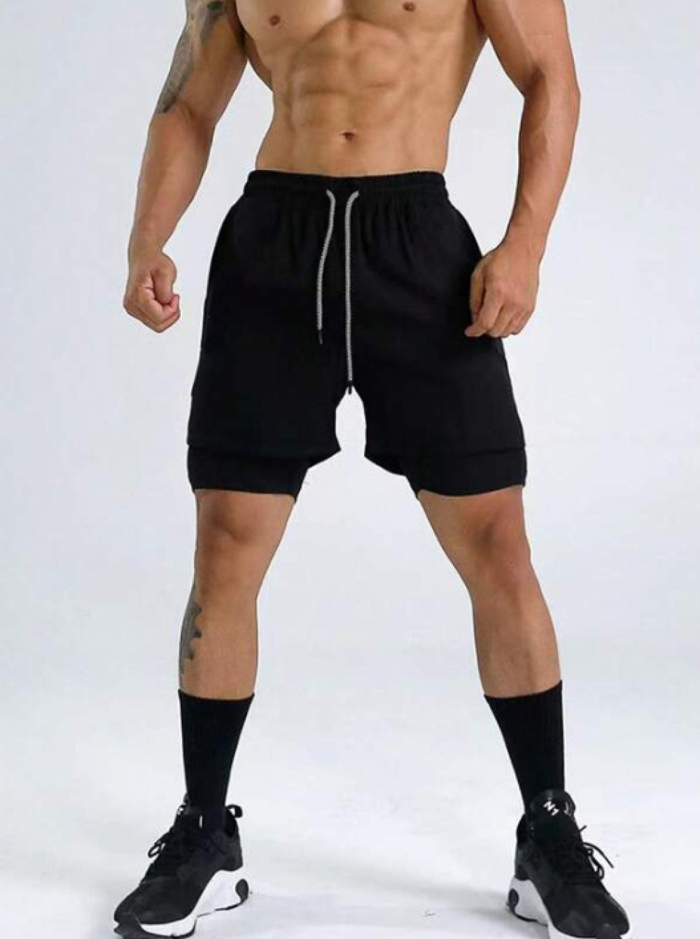 Men Drawstring Waist 2 In 1 Sports Shorts