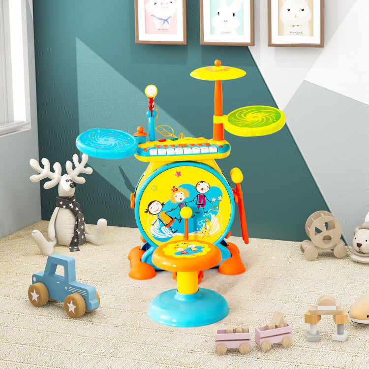 2-In-1 Kids Electronic Drum and Keyboard Set with Stool