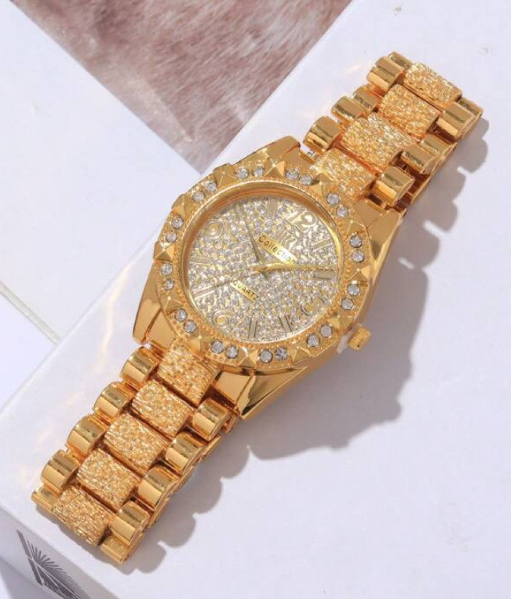 1pc Fashionable Round Quartz Watch For Women With Rhinestone Inlaid Steel Strap