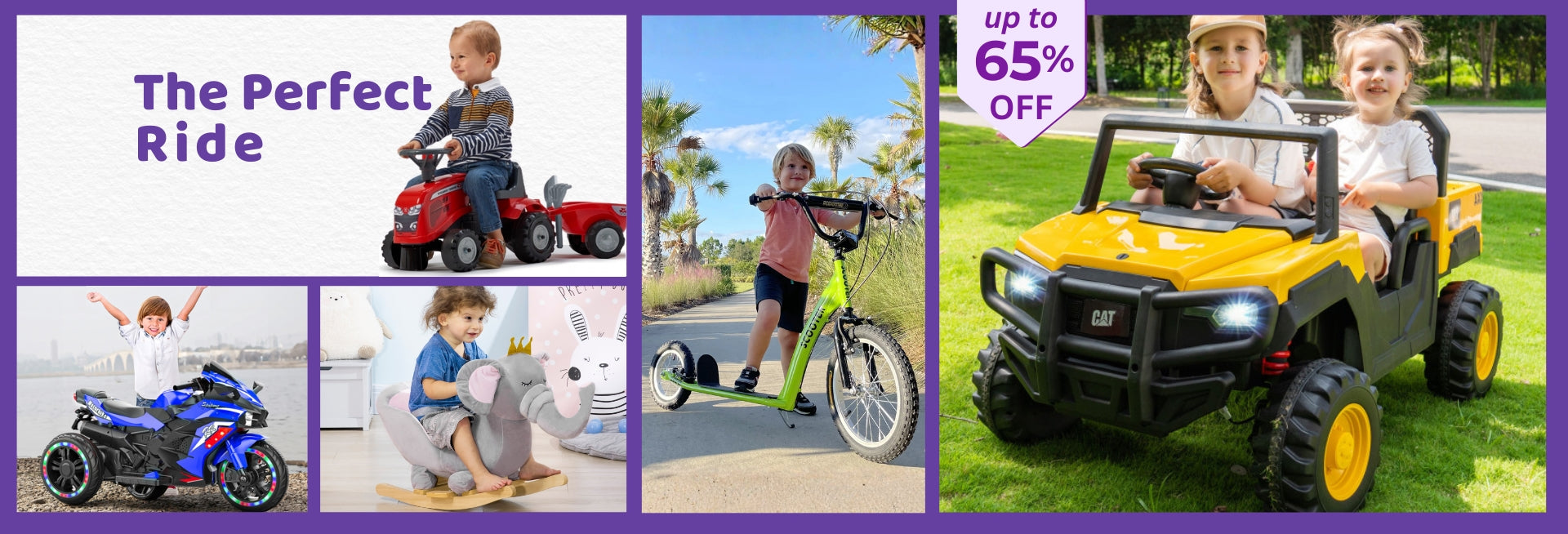 Promotional banner for children's power wheels with text and images of kids using the toys.