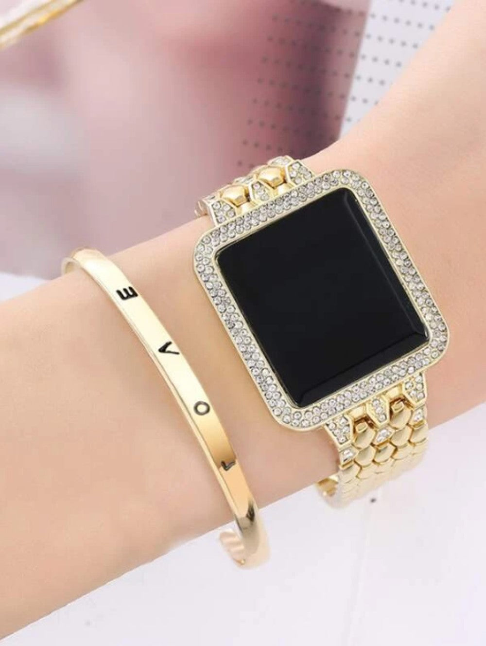 1pc Rhinestone Decor Square Dial Quartz Watch & 1pc Bracelet