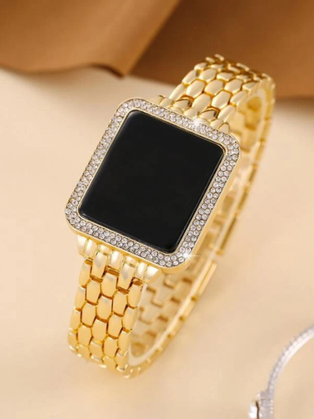 1pc Rhinestone Decor Square Dial Quartz Watch & 1pc Bracelet