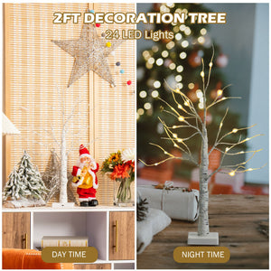 2-Foot Pre-Lit White Twig Birch Tree – Battery-Powered, Bendable Branches, Holiday Decor