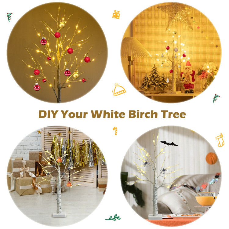 2-Foot Pre-Lit White Twig Birch Tree – Battery-Powered, Bendable Branches, Holiday Decor